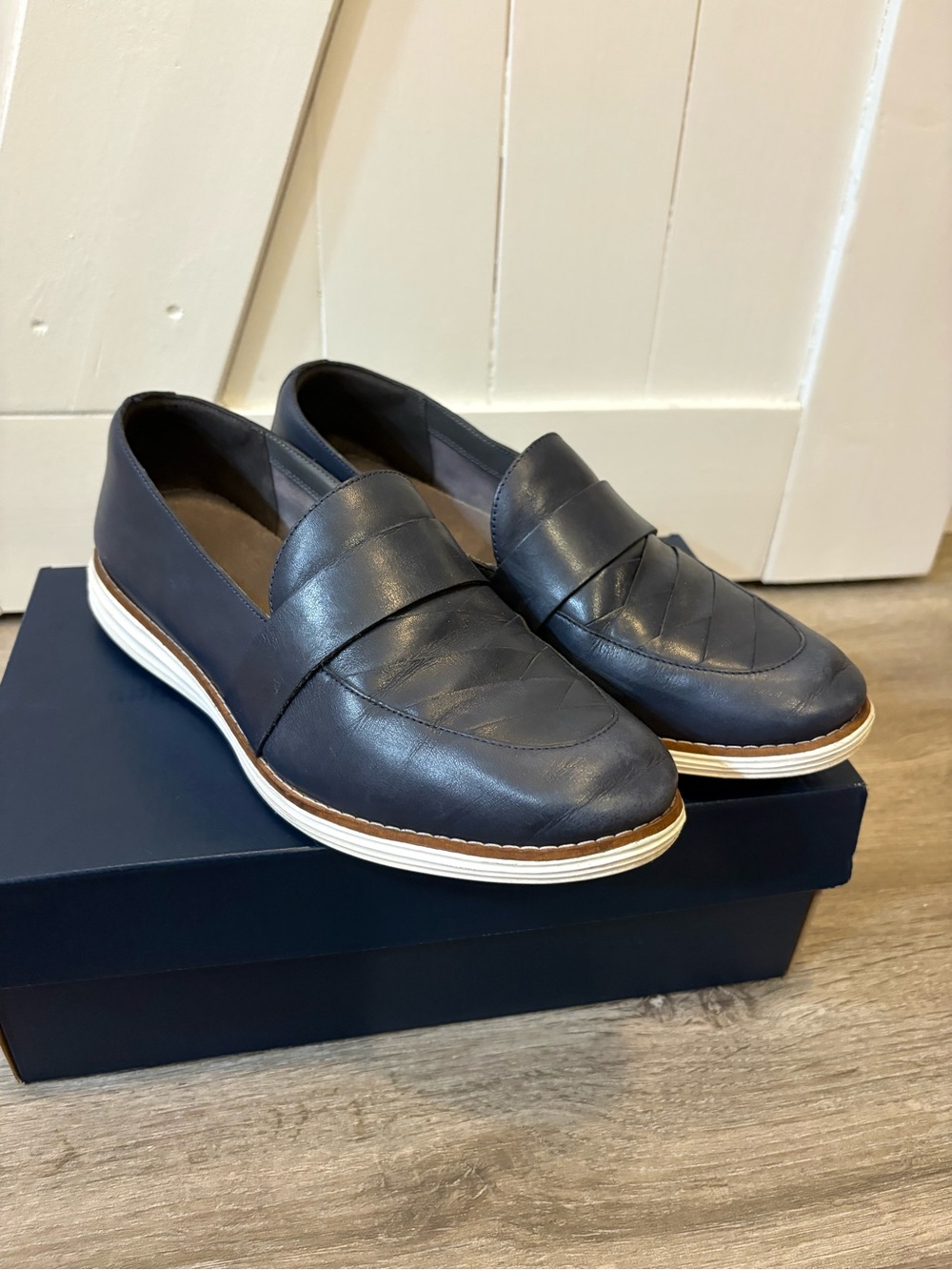 Cole Haan Navy Leather Slip-On Loafers with White Sole